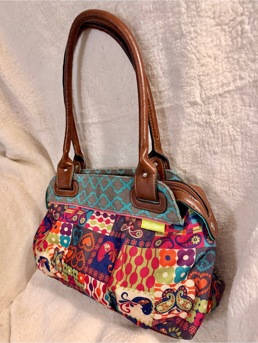 Lily Bloom Patchwork Paisley Satchel Shoulder Handbag Brown Trim Boho - Picture 3 of 12